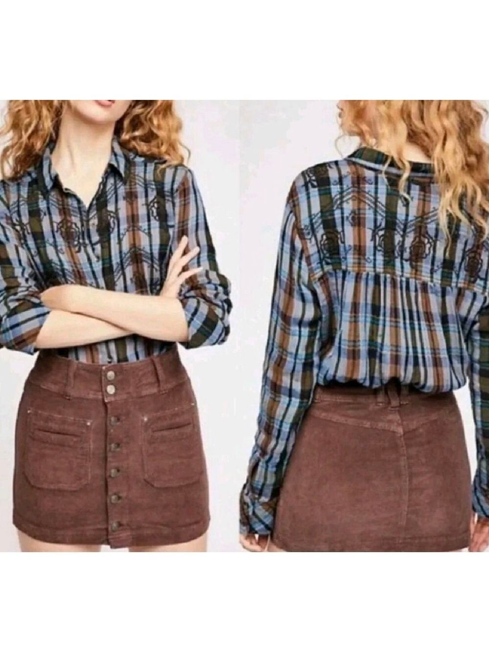 Free People Magical Plaid Floral Embroidered Shirt Blue Brown Long Sleeve Sz S